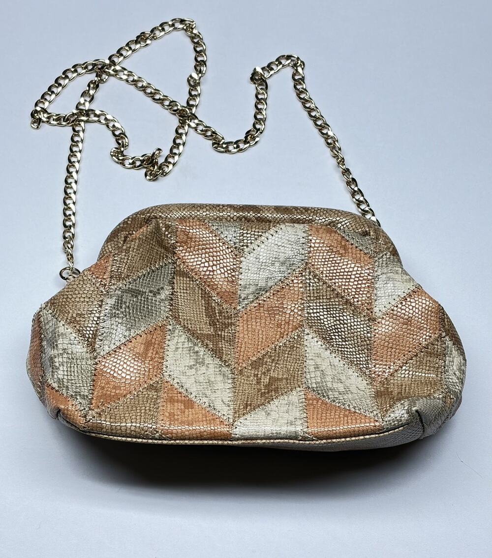 Anthropologie Patchwork Clutch Bag Metallic Snakeskin Y2K Boho Glam Chain